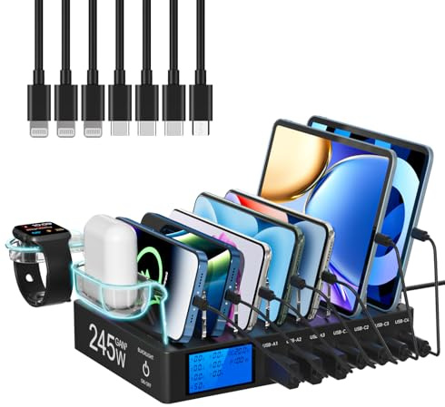 Rsydmny Stazione di Ricarica da 245W, 7 Porte Dispositivi Multipla, con schermo LCD, Ricarica Rapida USB C PD da 100W per iPhone, Tablet e Altri Dispositivi Elettronici - Nero（Con 7 Cavi）