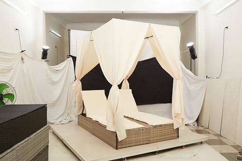 vidaXL Outdoor-Tagesbett mit Baldachin | Beige und cremeweiße Farbe | Verstellbare Rückenlehne | Dual-Zonen-Matratze | Kissen | Modernes Lounge-Bett für Balkone, Patios, Möbel