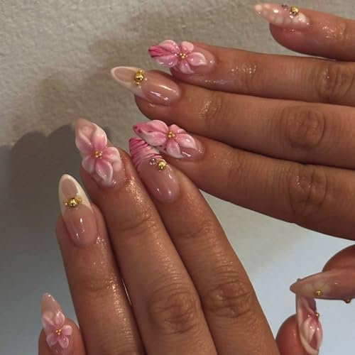 Shimmerz 24 pièces autocollants à ongles 3D fleurs amande moyenne faux ongles roses avec motifs strass design floral mignon pour femmes