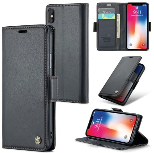 Rerzoiro Handyhülle für iPhone X Hülle, iPhone XS Hülle, Premium PU Lederhülle Klappbar Flip Case [RFID Blocker] Tasche Magnet Kartenfach Klapphülle Schutzhülle für iPhone X/iPhone XS, Schwarz