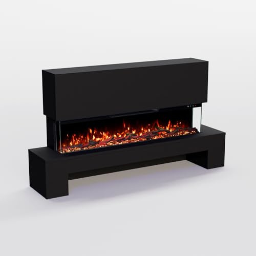 GLOW FIRE Cobalt Cheminée électrique à bois avec feu LED 3D réaliste, sur pied, chauffage et feu de cheminée, contrôle par application, effet froissé et minuterie, max. 1800 W, 137 x 75 x 29 cm, gris