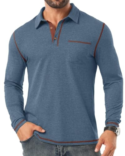 PrinStory Poloshirt Herren Langarm Casual Poloshirt Baumwolle Polo Shirt Polo Kragen Tshirt Mit Brusttasche
