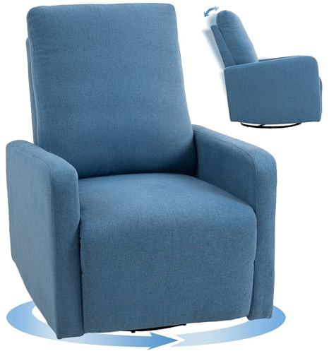 HOMCOM Sillón Relax Reclinable Manual 135° con Reposapiés, Asiento Ancho, Sillón Reclinable Giratorio Tapizado con Balancín, Tejido Efecto Lino para Dormitorio Salón Sala de Estar, Azul