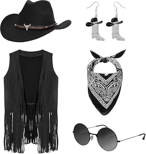 JTKDG Cowgirl Kostüm Damen Western Outfit Set mit Cowboyhut, Fransenweste, Bandana, Ohrringen & Hippie Brille – Cowboy Verkleidung mit Accessoires für Karneval,Fasching,Mottoparty & Cosplay, XXL