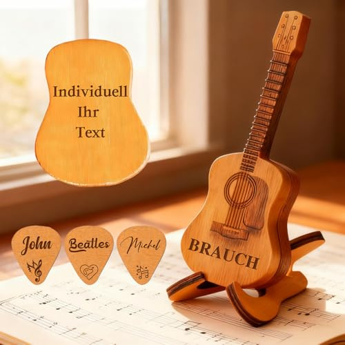 Personalisiertes Gitarrenplektrum-Etui aus Holz mit 3 gravierten Plektren | Anpassbare Mini-Plektrumbox Gravur von Namen oder Design für Gitarristen & Musikgeschenke