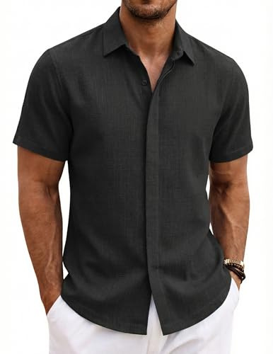 COOFANDY Camisa Hombre Manga Corta Verano 100% Algodón Camisas Hombre Casual Regular Fit Negro 3XL