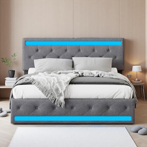 Zorvani Polsterbett 140x200 cm mit LED, Doppelbett Stauraumbett mit 4 schubladen, Jugendbett mit USB & Type-C Ladefunktion, Bettgestell mit Lattenrost aus Holz, Leinenstoff, Grau