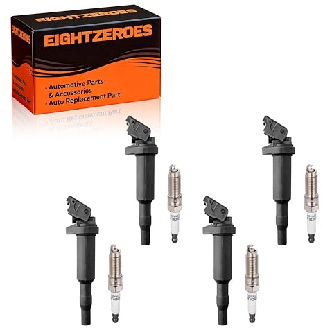OEM Ignition Coil with 4 Spark Plugs UF592 C1638 Compatible with BMW 325Ci 328i 330Ci 335i 525i 528i 530i 535i 545i 745Li X3 X5 M5 M6 Z4 Mini Cooper - 2.5L 3.0L 4.4L 4.8L Engines - 4Pack