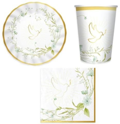 Set 40 pezzi - Coordinato tavola CONFIRMATION - Prima Comunione, Confessione, Pasqua, con stampa Colomba e fiori - Bianco e Oro lucido - decoro buffet feste - 12 piatti + 12 Bicchieri + 16 tovaglioli