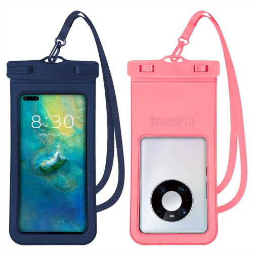 Qzakce Funda Impermeable Móvil 2 Unidades Bolsa Impermeables Móvil con Cuerda Desmontable para Vacaciones Playa Piscina Viajes en Kayak, hasta 7.2 Azul Marino + Rosa
