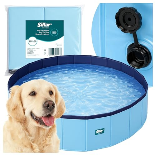 Sillar Piscina Pieghevole per Cani e Gatti, Vasca per Animali in PVC Resistente, con Fondo Antiscivolo e Valvola di Svuotamento, per Giardino e Balcone, Blu, 160x30 cm