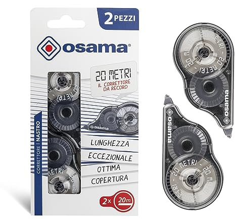 Osama - Cinta Correctora Blanca, Pack 2 Piezas, 20 M - Set Cintas Correctoras Ideal para Material Escolar, Papelería y Oficina para Borrar y Escribir de Inmediato con Alta Cobertura y Larga Duración