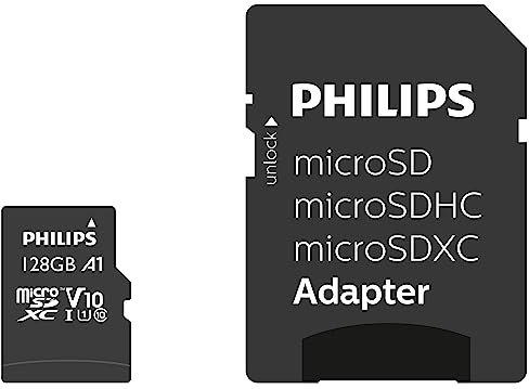 Philips Ultra Speed microSDXC Card 128 GB + adattatore SD UHS-I U1, velocità di lettura fino a 80 MB/s, A1 Fast App Perf,V10, scheda di memoria per smartphone,tablet,PC,lettore di schede,video Full HD