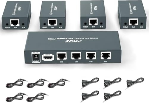 PW-HTS0104IR（POC） 1X4 Port HDMI Splitter Extender/Verteiler Ultra HD 1080P Ohne Verzögerung 60m über CAT6 Kable Unterstützt EDID and IR（1 In 4 Out）