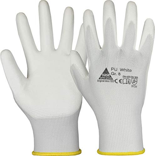 10 Paar Hase Safety Gloves PU White Nylonhandschuhe Arbeitshandschuhe mit PU-Beschichtung, ölbeständige Montagehandschuhe, Ideal für Feinarbeiten, Montage, Industrie Gr. M (08)