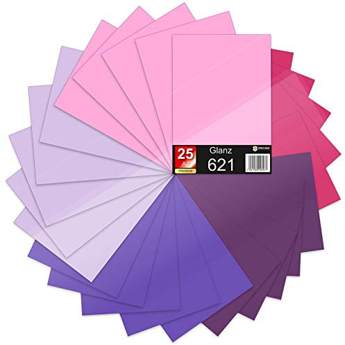 Finest Folia 25 x Din A4 Bögen Plotterfolie 621/631 Selbstklebende Folie im Set Vinyl zum Plotten DIY Bastelfolie Sticker Beschriftung Aufkleber 29,7x21cm (Lilatöne glanz, 25er Set)