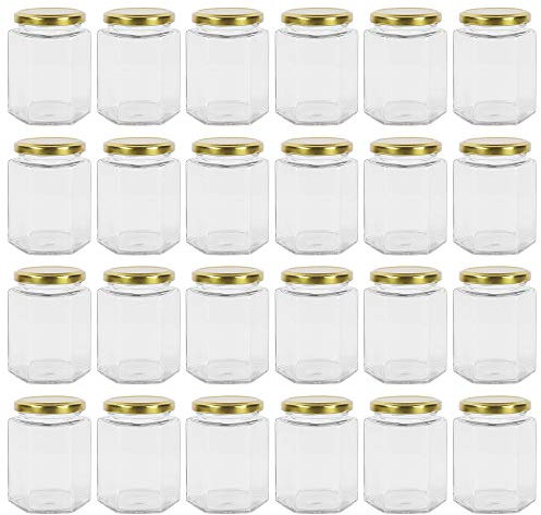Yishik 9oz 24 Pack Jam Jar with Gold Lids, 270ml Hexagonal Glass Jars Canning Storage Jars for Baby Food,Nuts,Spices or Handmade desserts