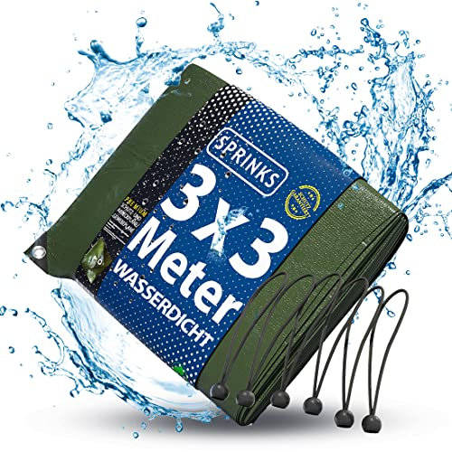 SPRINKS® Abdeckplane Premium 140 g/m² [3x3m] - Robuste Gewebeplane mit Ösen - Plane Wasserdicht und UV Beständig - Tarp Outdoor - Wetterfeste Allzweckplane inkl. 6 Planenspanner