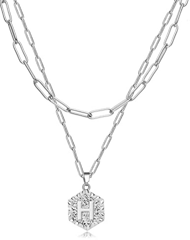 HUASAI Collares con inicial en capas para mujer, collar de cadena de clip de papel plateado, colgante de letra T, collar de capas con inicial, collar de cadena de acero inoxidable para adolescentes y