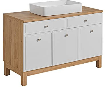 COMAD Mobile lavabo Samoa 120 cm, colore: bianco/rovere Artisan, mobile lavabo con gambe, mobile lavabo bianco con maniglie cromate, mobili da bagno moderni