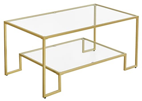 VASAGLE Table Basse, Table de Salon, 2 Niveaux en Verre trempé, Cadre en Acier, 100 x 55 x 45 cm, rectangulaire, décoration de Salon, Doré LGT033A01