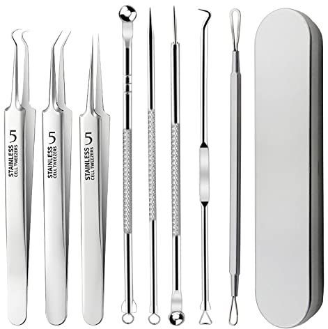 yufana 8 PCS Mitesser Entferner, Premium Edelstahl Pickel Akne Werkzeuge, Mit Metall Box, Professionelle gebogene Pinzetten-Sets, für Nasen Gesichtspflege Blackhead Remover Comedones Akne Mitesser.