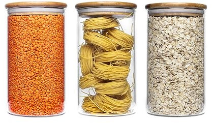 Bewunder Tirol Set di barattoli in vetro borosilicato 3 x 1L con coperchio in bambù naturale per conservare cereali, pasta, zucchero, farina e altro ancora