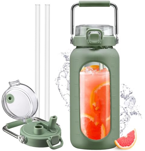 HYDRAGLAZIC 2 Liter Glass Water Bottle with Straw and Time Marker 2L Motivational Water Tumbler with Silicone Sleeve and Spout Lid Wide Mouth Borosilicate Water Jug BPA Free Leak-Proof, Oliver