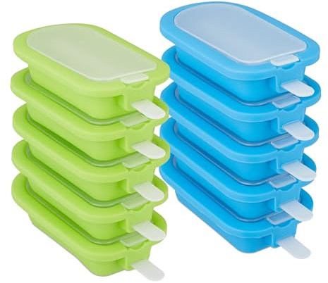 Relaxdays Juego Set 10 Moldes para Helados, Silicona, Recipientes para Congelar Polos, sin BPA, Tapa y Palito, Verde y Azul, 2,5 x 6,5 x 14 cm