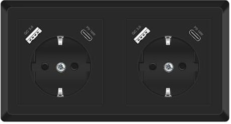 Sasudose Doppelsteckdose mit USB C Ladegerät Anschluss Schuko Unterputz USB Steckdose PD18W Schnellladegerät System 55 Schwarz 2-fach Wandsteckdose Passt in Standard Unterputzdose für Büro Hause