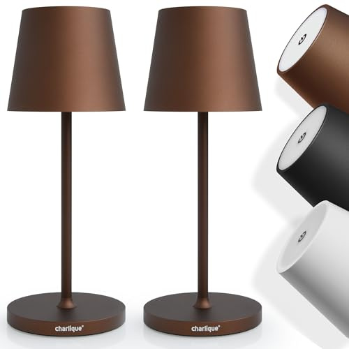 charlique® Dinner Light mini (2 piezas) Lámpara mesa USB marrón con batería extrafuerte y recargable, intensidad LED regulable, luz cálida, portatil para interior y exterior, con cable USB