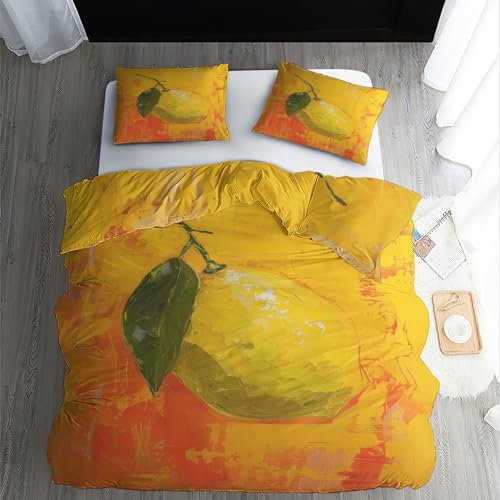 WQIZXCW Zitronen Bettwäsche 155x200 - Früchte Motiv, Weiche und Angenehme Microfaser Bettbezug Set 2 Teilig, 1 Kissenbezug 80x80, mit Reißverschluss, Wendebettwäsche & Zimmer Deko