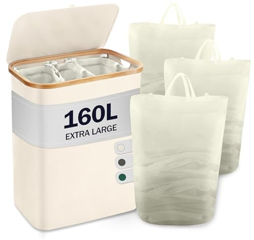 YOUDENOVA Wäschekorb mit Deckel 3 Fächer 160L Wäschesammler mit 3 Wäschesäcke Groß faltbarer Wäschesortierer Holz Bambus Wäschetruhe hoch Laundry Baskets, Beige