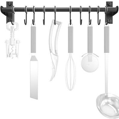 Lesfit hakenleiste küche edelstahl 10 Haken, hängeleiste küchenreling selbstklebend ohne bohren für küchenutensilien, 40cm
