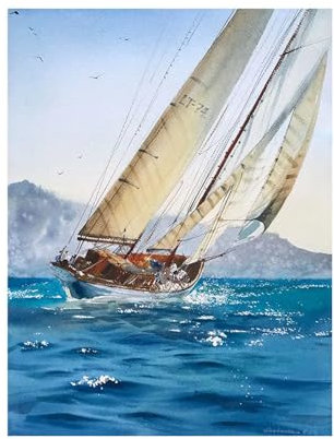 Leinwand Bilder Groß, Vintage Segeln Segelboot Aquarell Poster Seelandschaft Küste Leinwand Malerei Wandkunst Yachting Bild Dekor 50x75cmOhne Rahmen
