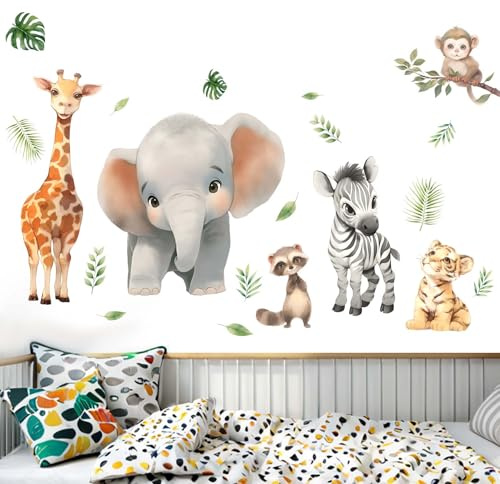 Amimagen Wandtattoos Wald Baby Tiere Wandabziehbilder - Elefant Löwe Giraffe Affe Wandaufkleber - Kinderzimmer Kinder Mädchen Jungen Zimmer Kindertagesstätte Spielzimmer Klassenzimmer Wanddeko