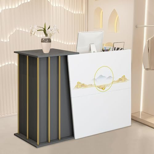 GAOXIAO Rezeptions Tisch Weiss, Empfangstresen mit 2 Schubladen und 1 Schrank, Empfangstheke, Kassentheke Klein, Rezeption Schreibtisch für Laden Büro Messe Lobby Hotel