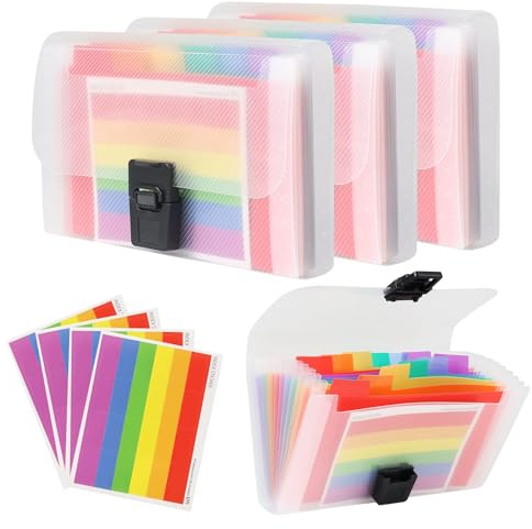 Zythrem 4 Pack Expanding File Folder A6 Size 13 Pockets Accordion Receipt File Organiser Flash Card Holder Portable Rainbow Document Organiser with Labels Index Wallet Case for Flash Cards Receipts
