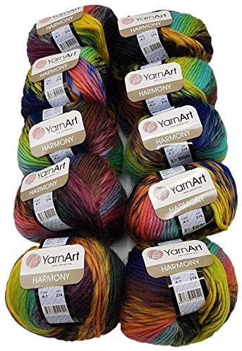 500 g Ilkadim Export Harmony Strickwolle mit 60% Wolle-Anteil, 10 x 50 Gramm Strickgarn mehrfarbig mit Farbverlauf (blau ocker grün ua A7)