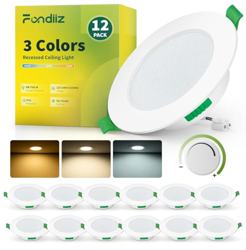 Fondiiz 12 Pack LED Downlights for Ceiling Dimmable, 6W Recessed Ceiling Lights, Warm White 2700K Natural White 4000K Cool White 6000K Adjustable, 75-90mm Cut Out, IP44 LED Spot Lights for Bathroom