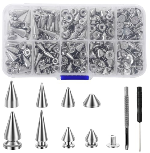 Deuson Kit med 359 st punkspikar och nitar, zinklegering silverkon, spik och nit, nitkit, 8 storlekar, metall, läder, träd, spik sortimentsats, kläder, nitdekoration, kit för kläder, jacka, skor