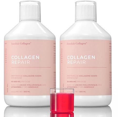 Swedish Collagen Repair | Supplément liquide de collagène marin hydrolysé 10 000 mg - 2 x 500 ml (1 000 ml) 40 jours d'approvisionnement Acide hyaluronique biotine et vitamine C pour cheveux peau