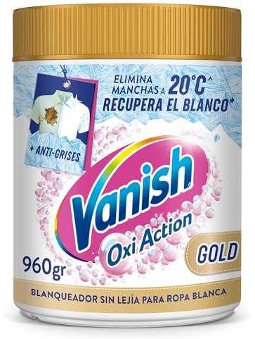 Vanish Oxi Action Gold Multipoder Quitamanchas Multibeneficio, Blanqueador y Potenciador de Lavado, para Ropa Blanca, en Polvo, sin Lejía, 960 gr