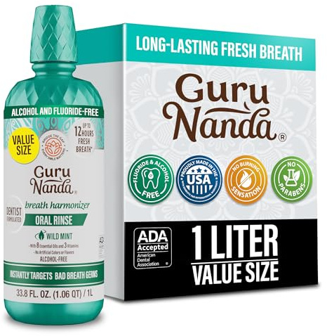 GuruNanda Fresh Breath Mouthwash – 12-Hour Fresh Breath & Helps Fight Bad Breath – ADA Accepted, Alcohol & Fluoride-Free Oral Rinse – Wild Mint, 33.8 oz/1 Liter