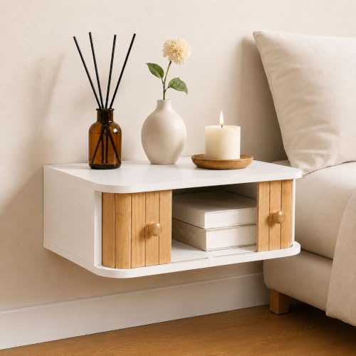 SUMGAR Floating Bedside Table, White Wall Mounted NightStand With Drawer