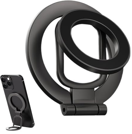 Double Magnetic Ring Phone Holder, Sided Folding Mount, 2.4x2.2in Strong Alloy Grip Stand, Compact Desktop Accessory for Gym, Home Use, Cellphone Support, Hands Viewing