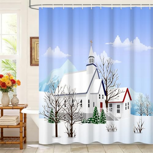 Kzzfqxb Tende da doccia 183x183cm con ganci in plastica, Natale Capodanno inverno nevoso casa di campagna alberi, Impermeabile tessuto in poliestere per vasca, Decorazione bianco blu pulito per bagno