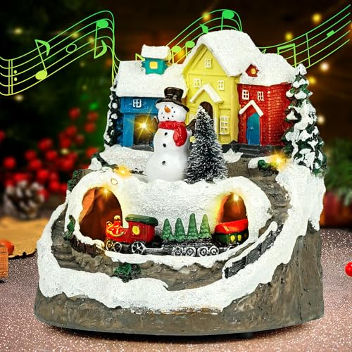 Figurine musicali in resina pupazzo di neve villaggio di Natale con treno rotante luci a LED, statue da collezione Architettonico, batteria e USB Natale vacanze decorazioni per interni Ornamenti