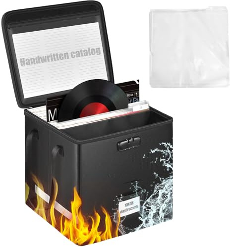 Fireproof Vinyl Record Storage Box with Lock, Waterproof Record Case Organizer for 140+ 12 LP Albums, Includes 50 Inner Sleeves, Collapsible Heavy-Duty Stacking Crate for Home Travel & CDs Collector