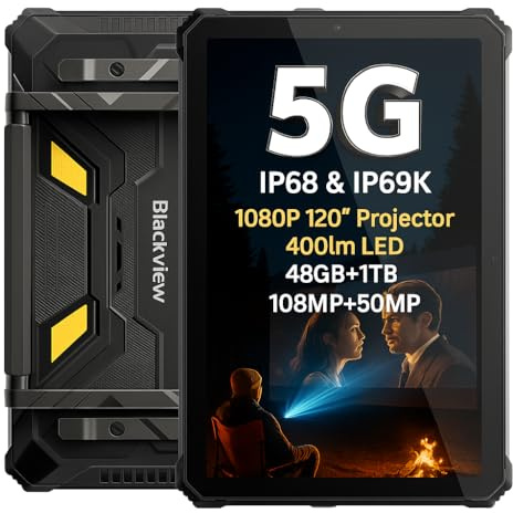 Blackview Active 12 Pro Tablet Resistente 5G, Proyector 1080P 120″, Batería 30000mAh, Luz de Camping 400lm, 48GB+1TB, 11″ FHD+, Android 15 IP68/IP69K Tablet, Dual SIM 5G, Cámara 108MP+50MP, NFC GPS